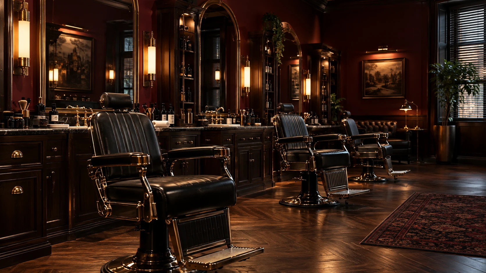 Interior acolhedor da barbearia com cadeiras de couro, espelhos e iluminação quente