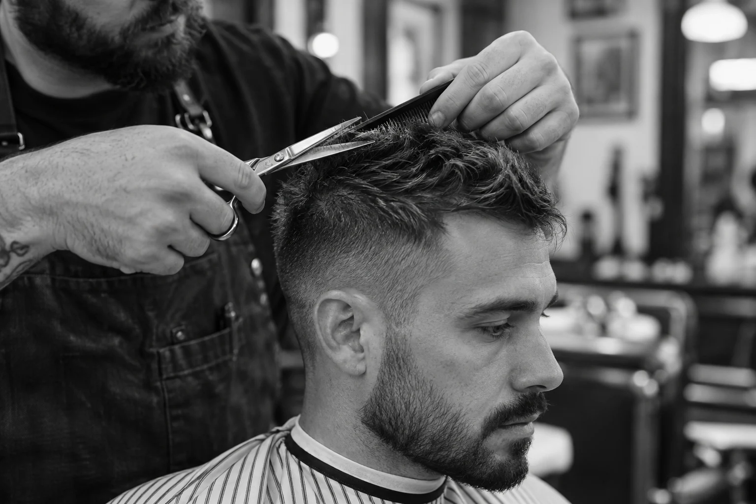 Barbeiro trabalhando o corte com pente e tesoura